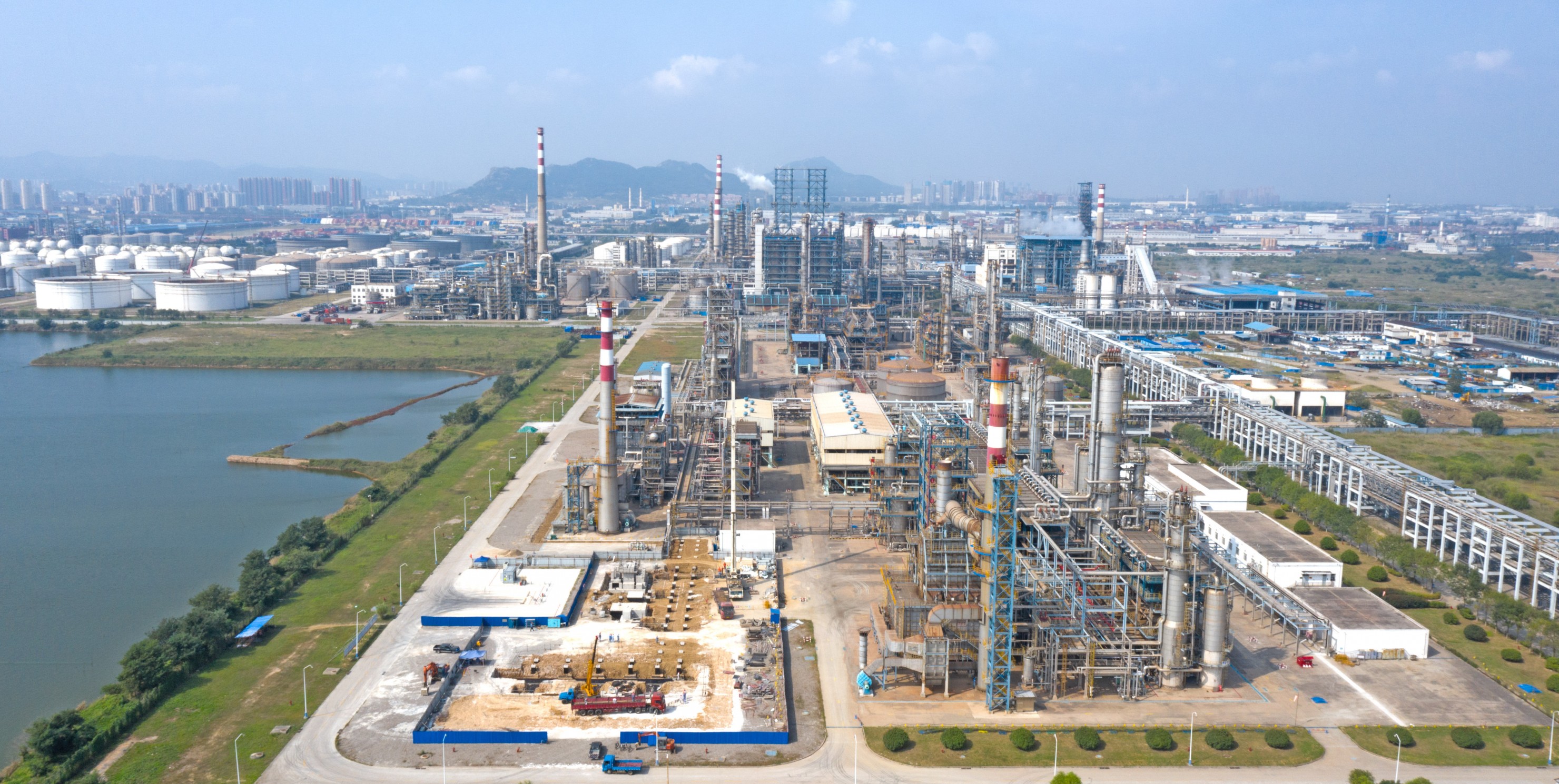 An aerial photo taken on September 17, 2021 shows the construction site of Qingdao Refinery and Chemical Hydrogen Energy Base project in Qingdao, Shandong Province, China. 