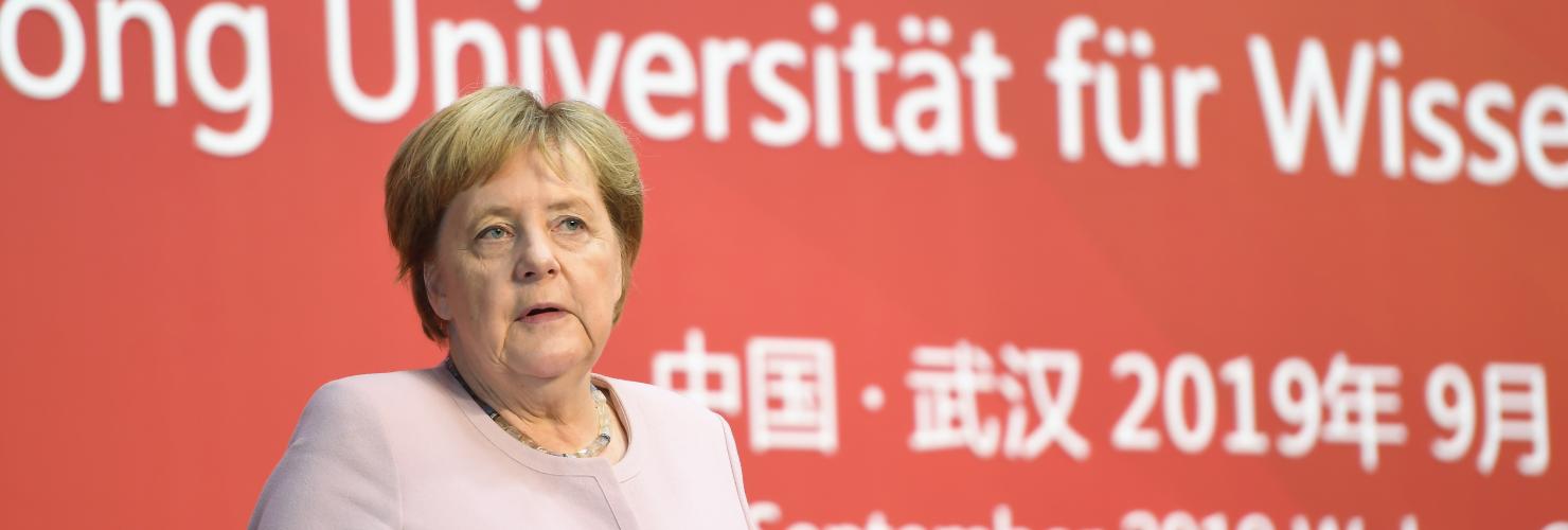 German chancellor Angela Merkel gives a speech at the Wuhan University of Science and Technology in Wuhan, Hubei province, on September 7, 2019. Source: ImagineChina.