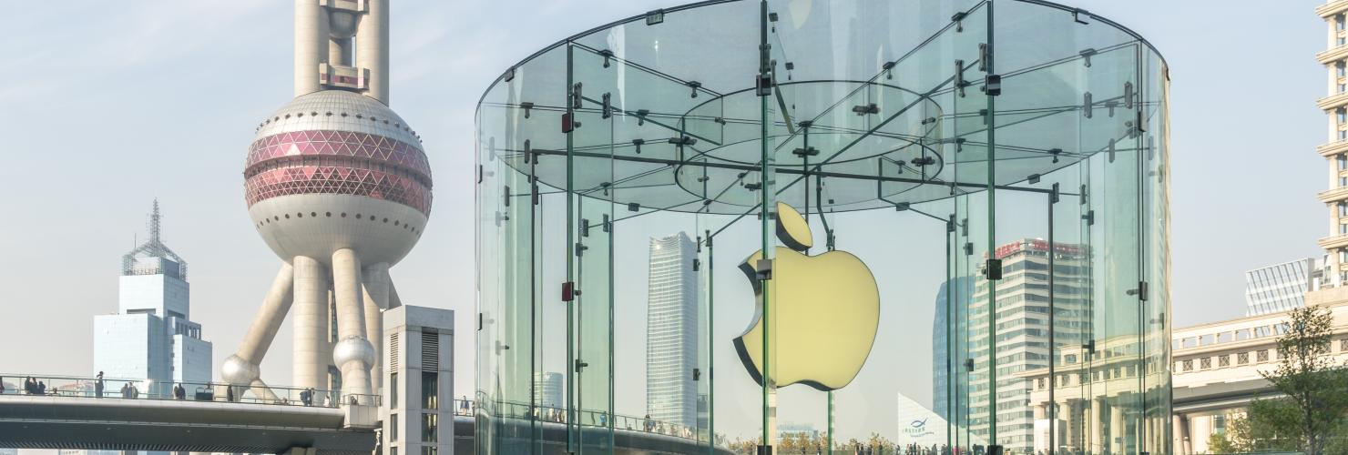 The Apple Store in front of the Oriental Pearl TV Tower in the Lujiazui Financial District, Shanghai.