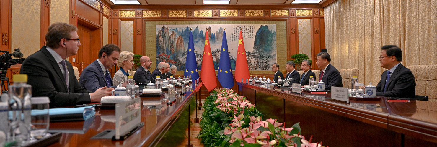 China, Beijing - December 7, 2023 EU-China Summit The 24th EUChina Summit takes place on 7 December 2023 in Beijing. Charles MICHEL, President of the European Council, Ursula VON DER LEYEN, President of the European Commission and Josep BORRELL, EU High Representative for Foreign Affairs and Security Policy, representing the EU meet with Jinping XI, President of China and Qiang LI, Premier of China.