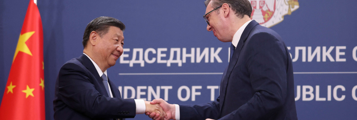 Chinese President Xi Jinping and Serbian President Aleksandar Vucic shake hands during a document signing at the Palace of Serbia during the Chinese president's two-day state visit in Belgrade, Serbia, May 8, 2024.