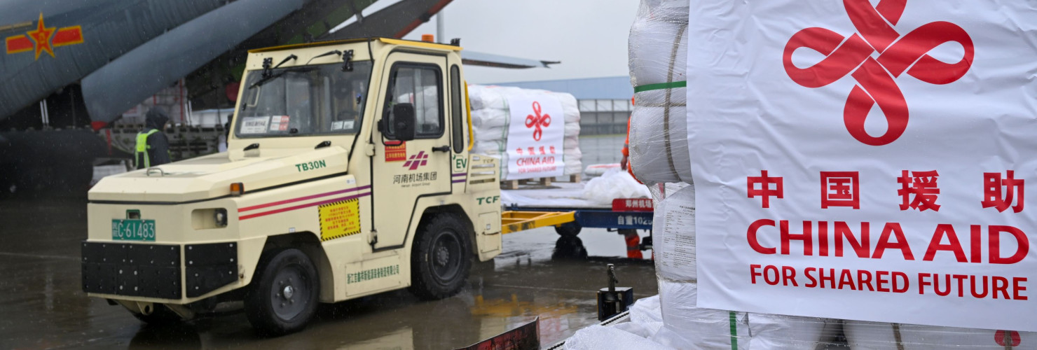 Staff members load disaster relief supplies provided by the Chinese government at Zhengzhou Xinzheng International Airport in Zhengzhou, central China's Henan Province, Sept. 27, 2025.