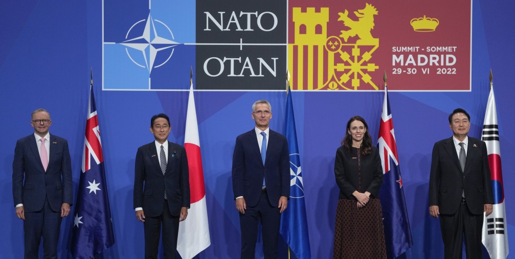 Australia's Prime Minister Anthony Albanese, Japan's Prime Minister Fumio Kishida, NATO Secretary General Jens Stoltenberg, New Zealand's Prime Minister Jacinda Ardern and South Korea's President Yoon Suk Yeol, from left, pose for media in a group photo of Indo-Pacific partners nations during the NATO summit in Madrid, Spain, on Wednesday, June 29, 2022.