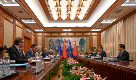 China, Beijing - December 7, 2023 EU-China Summit The 24th EUChina Summit takes place on 7 December 2023 in Beijing. Charles MICHEL, President of the European Council, Ursula VON DER LEYEN, President of the European Commission and Josep BORRELL, EU High Representative for Foreign Affairs and Security Policy, representing the EU meet with Jinping XI, President of China and Qiang LI, Premier of China.