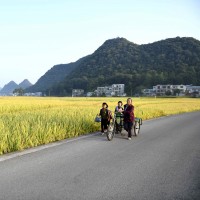  People pass by a rice field in Anlong County, Guizhou Province