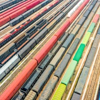Aerial view of colorful freight trains in North China