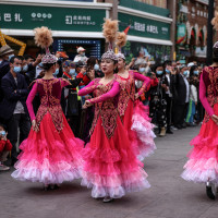 Uyghur dancers perform in Urumqi during a government organized trip for foreign journalists