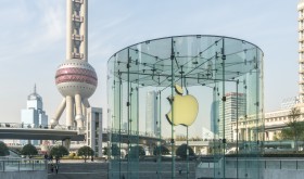 The Apple Store in front of the Oriental Pearl TV Tower in the Lujiazui Financial District, Shanghai. 