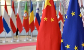  European Union and Chinese flags are pictured during a EU-China summit in Brussels, Belgium.