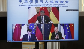 French President Emmanuel Macron, German Chancellor Olaf Scholz, below right, and Chinese President Xi Jinping, top, discussing the Ukraine crisis during a video-conference